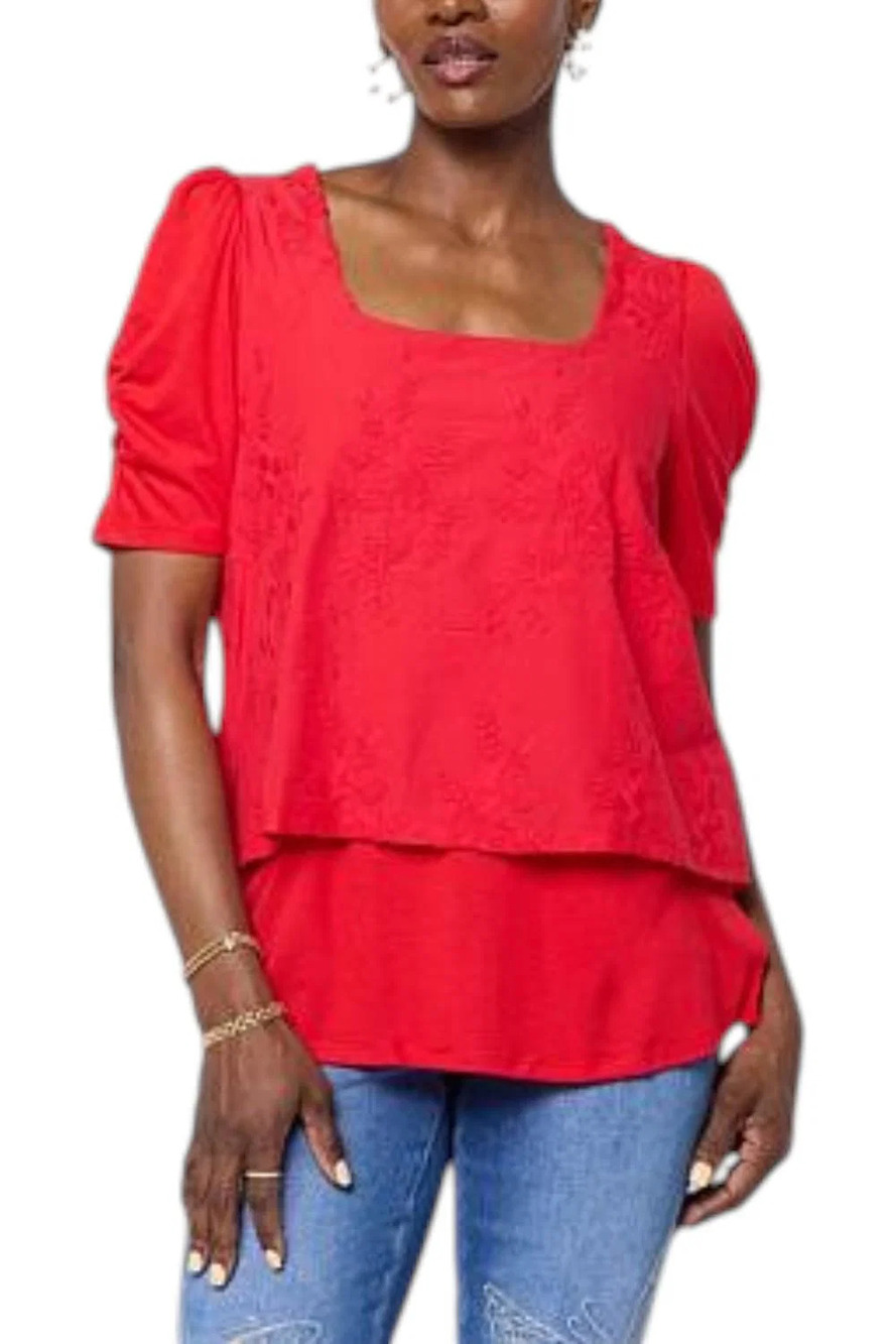 DG2 by Diane Gilman Women's Embroidered Puff-Slv Square-Neck Top Red - Regular